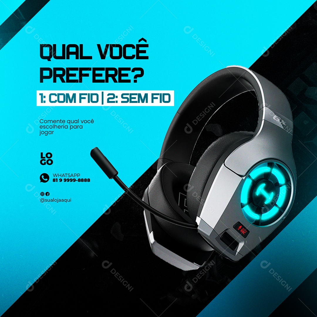 Qual Você Você Prefere Com Fio ou Sem Fio Fone Gamer Social Media PSD Editável