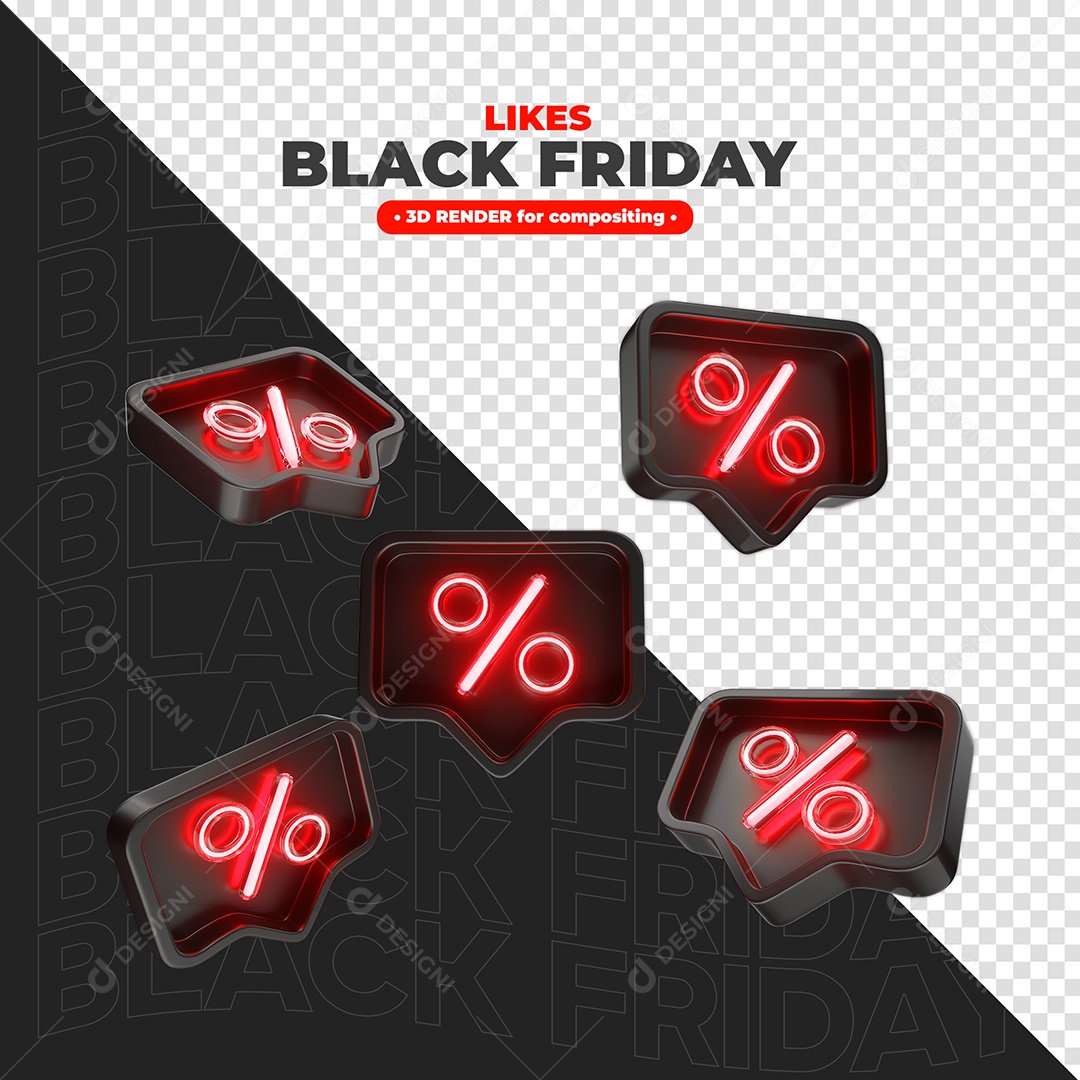 Likes de Descontos para Black Friday Com Neon Vermelho Elemento 3D para Composição PSD