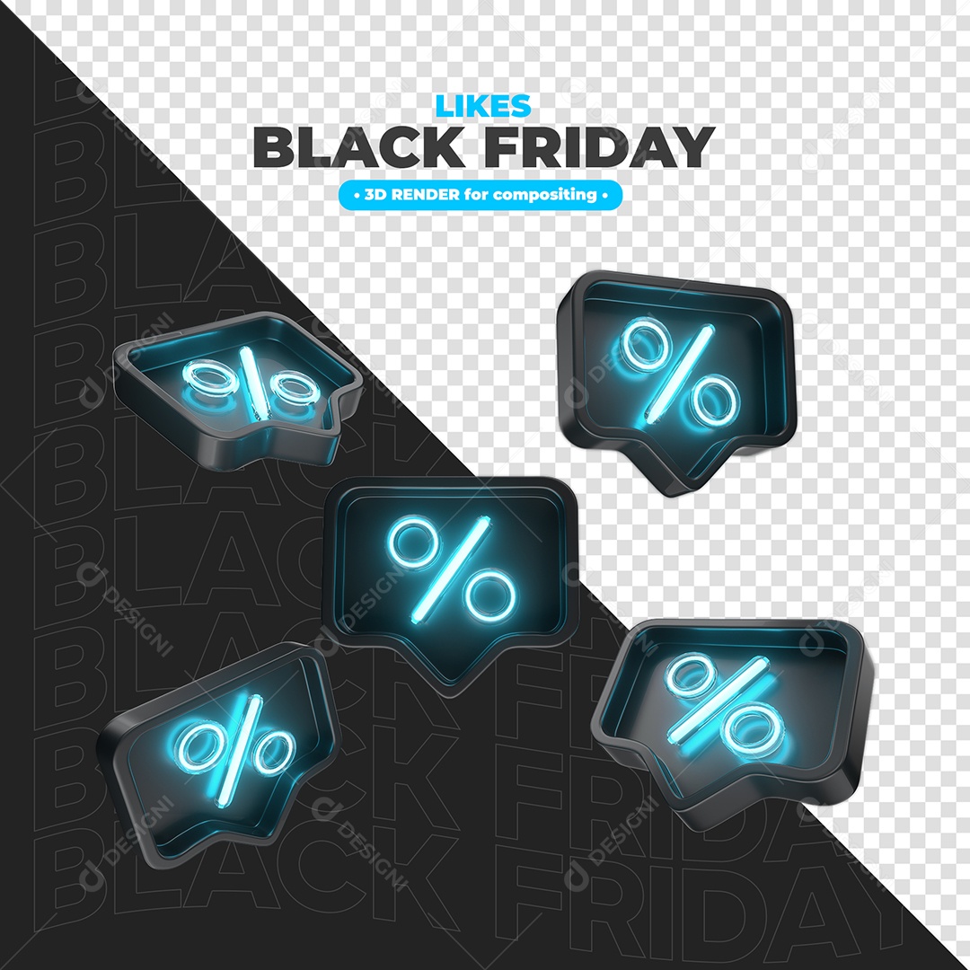 Likes de Descontos para Black Friday Com Neon Azul Elemento 3D para Composição PSD