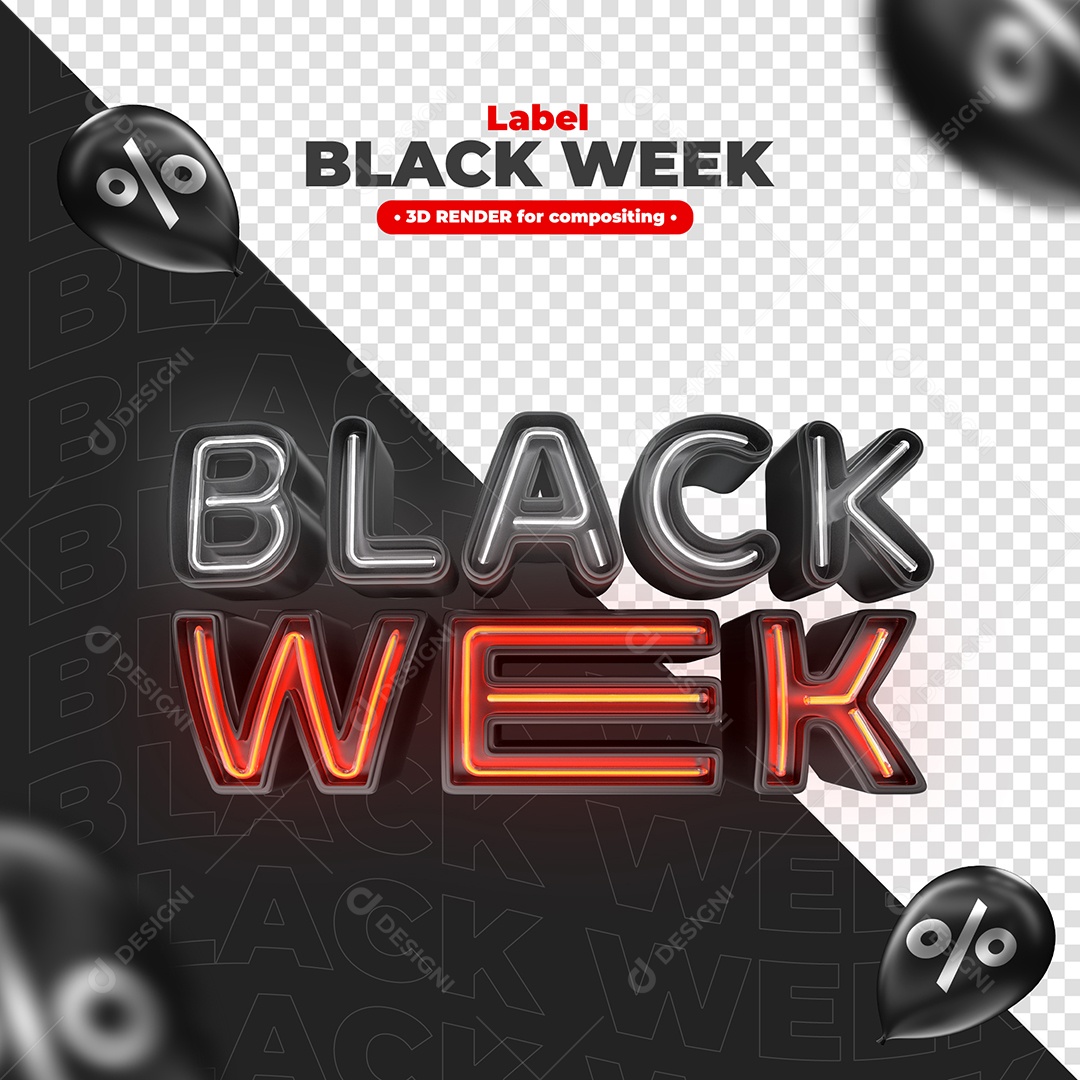 Texto 3D Black Week Com Neon Branco e Vermelho para Composição PSD