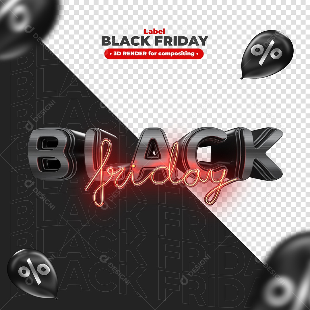 Selo 3D Black Friday Preto com Neon Vermelho Elemento para Composição PSD