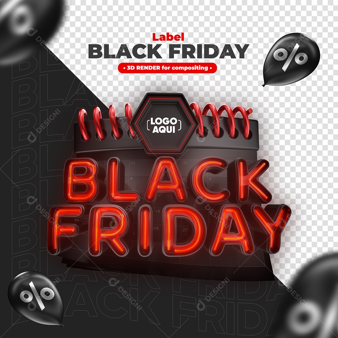 Selo 3D Black Friday com Neon Vermelho Elemento para Composição PSD
