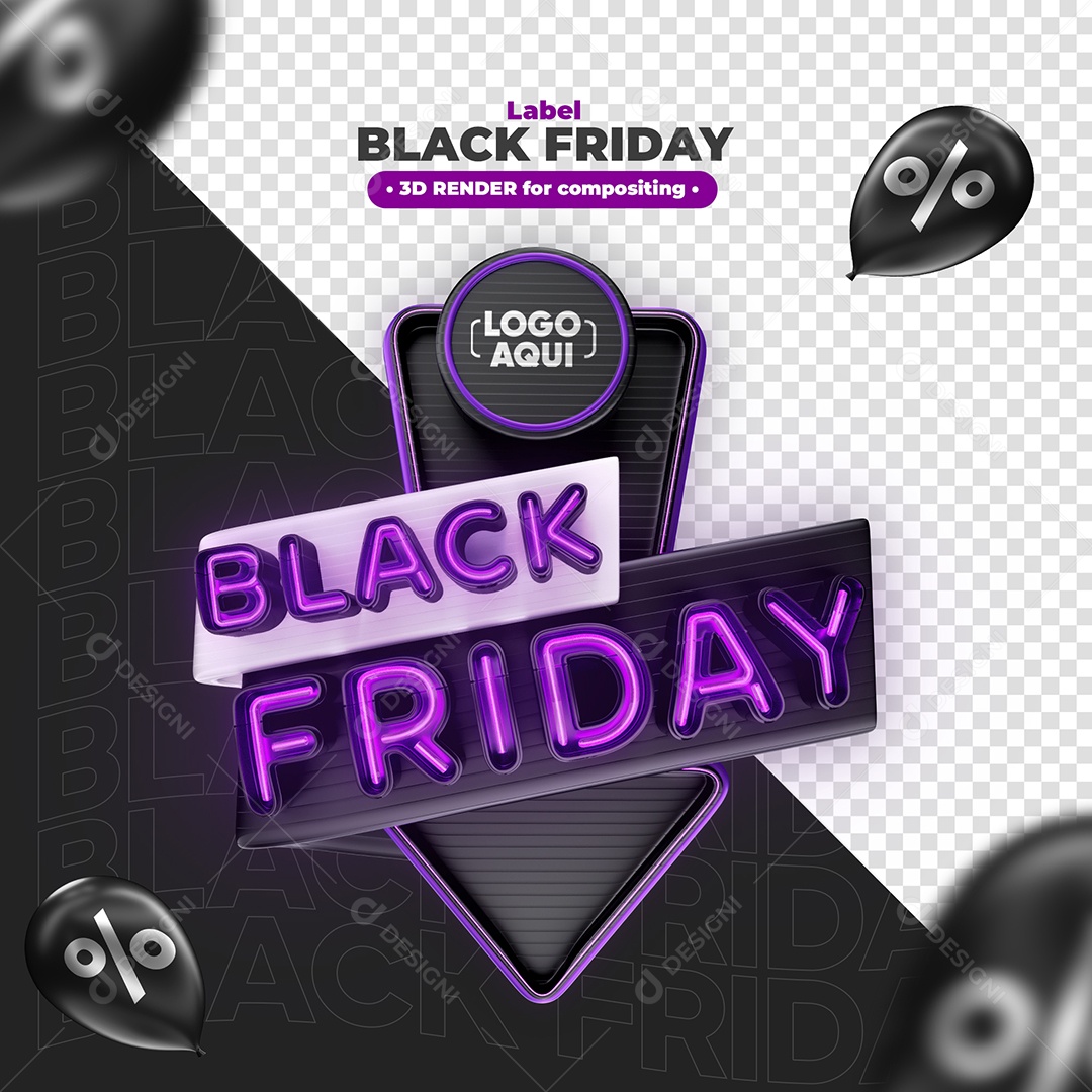 Black Friday Selo 3D com Neon Roxo Elemento para Composição PSD