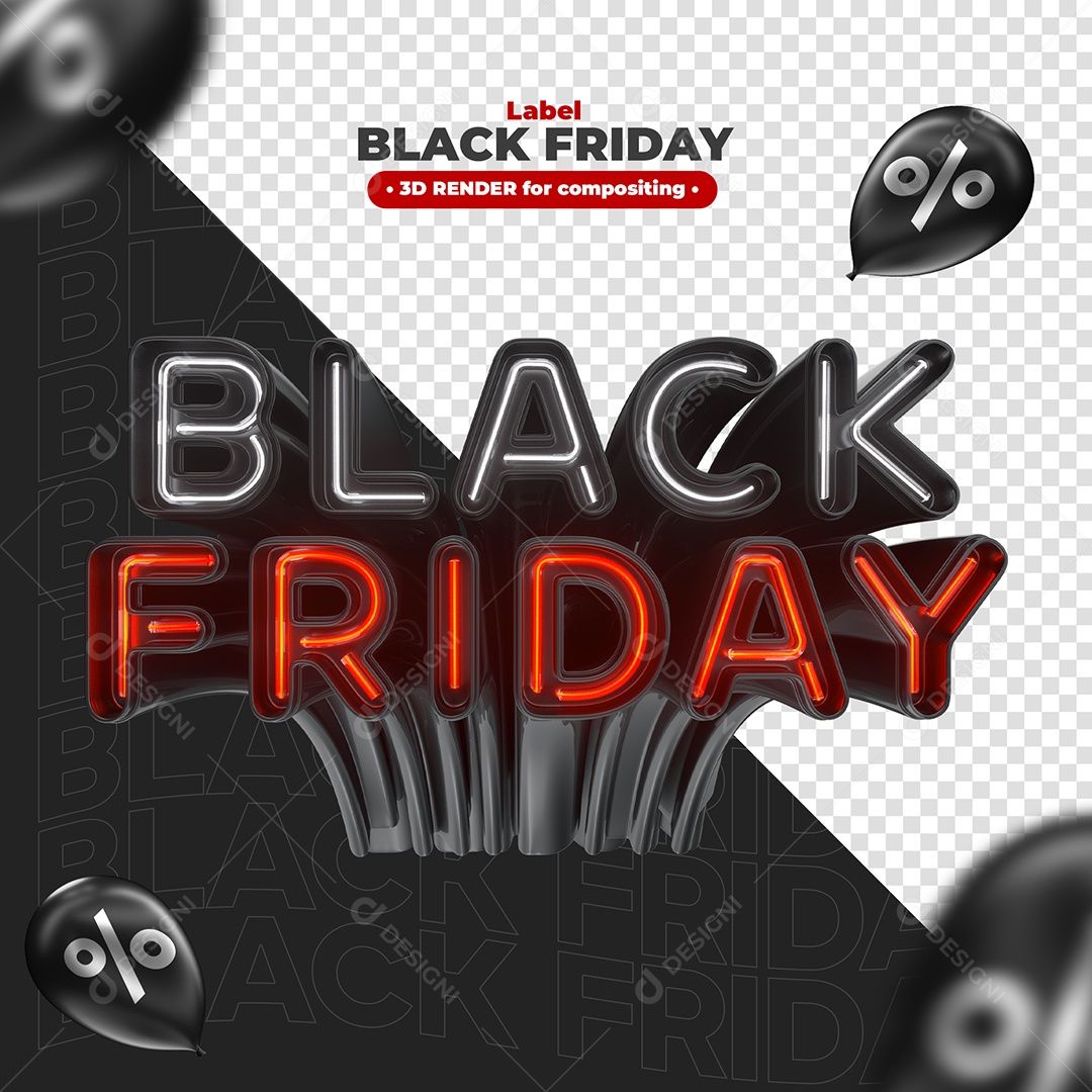 Black Friday Selo 3D com Neon Branco e Vermelho Elemento para Composição PSD