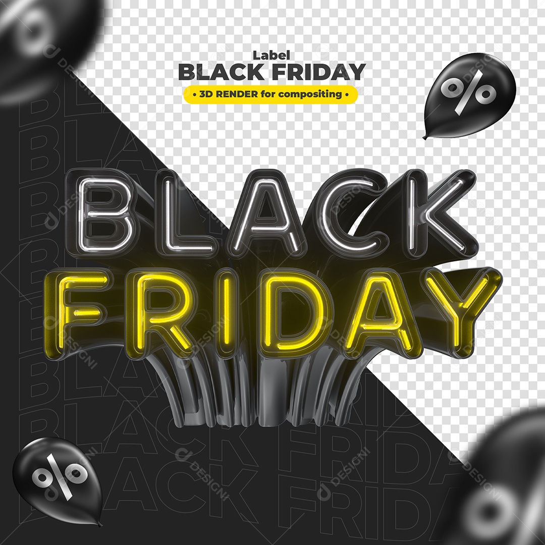 Black Friday Selo 3D com Neon Branco e Amarelo Elemento para Composição PSD