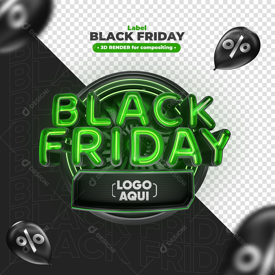 Black Friday Selo 3D com Neon Verde Elemento para Composição PSD