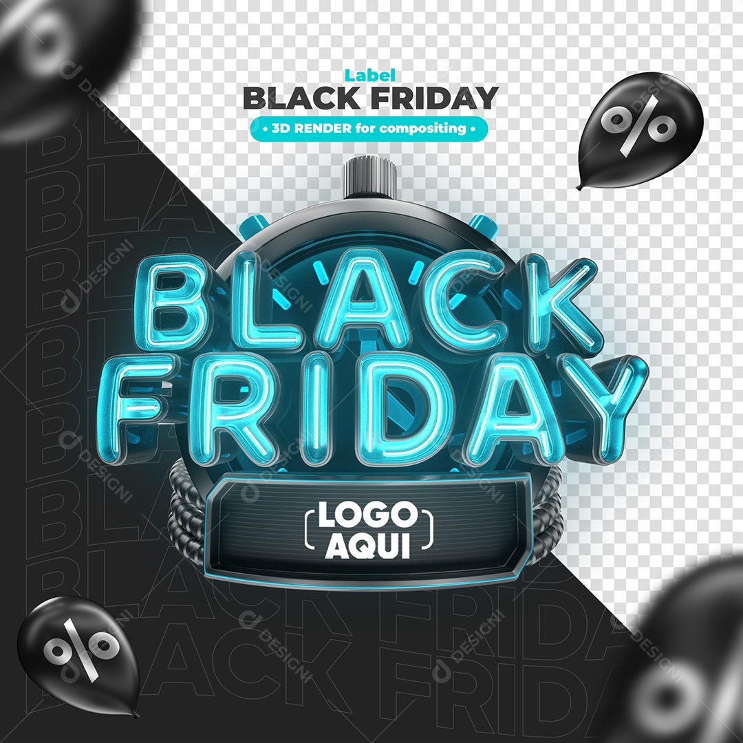 Black Friday Selo 3D com Neon Azul Elemento para Composição PSD