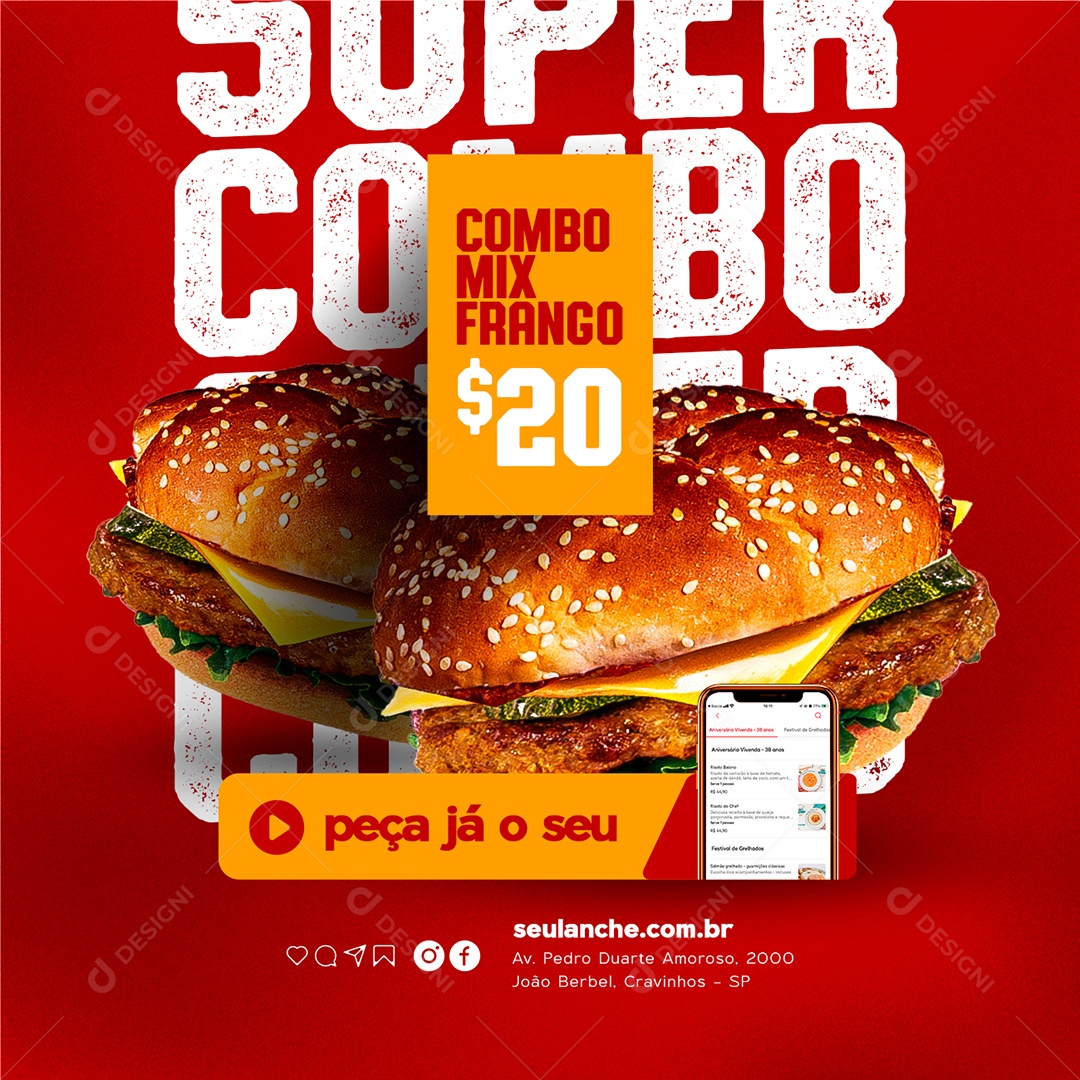 Combo Mix Frango Super Combo Hamburgueria Social Media PSD Editável