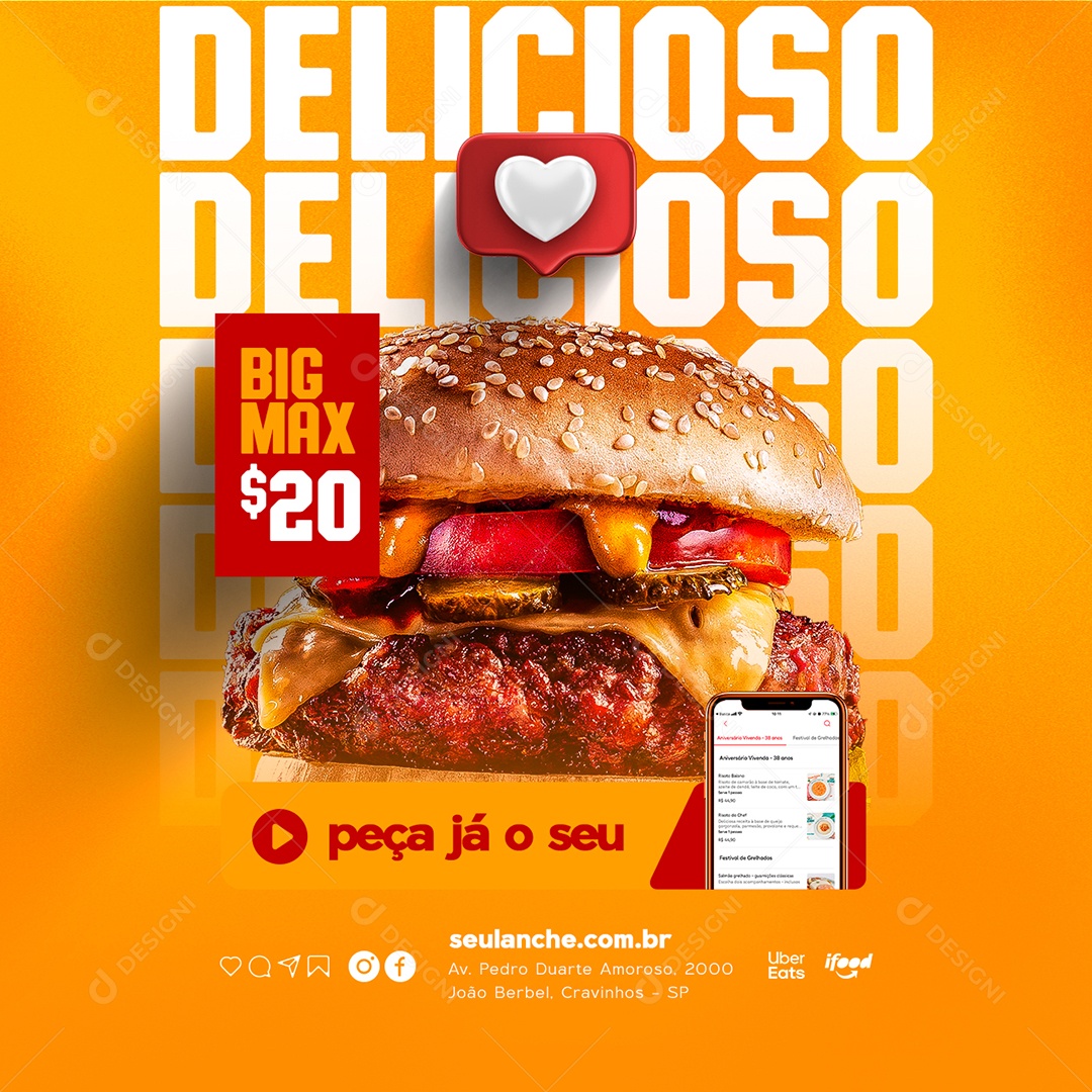 Big Max Delicioso Peça Já o Seu Hamburgueria Social Media PSD Editável