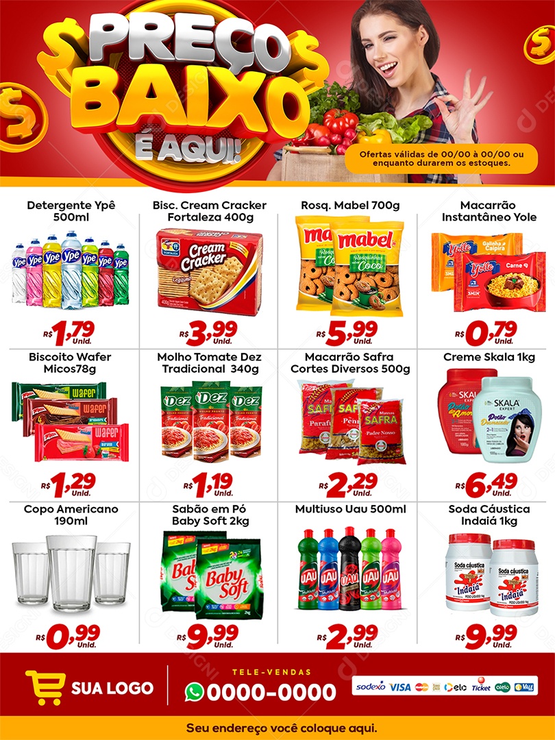 Encarte Preço Baixo é Aqui Supermercado Social Media PSD Editável