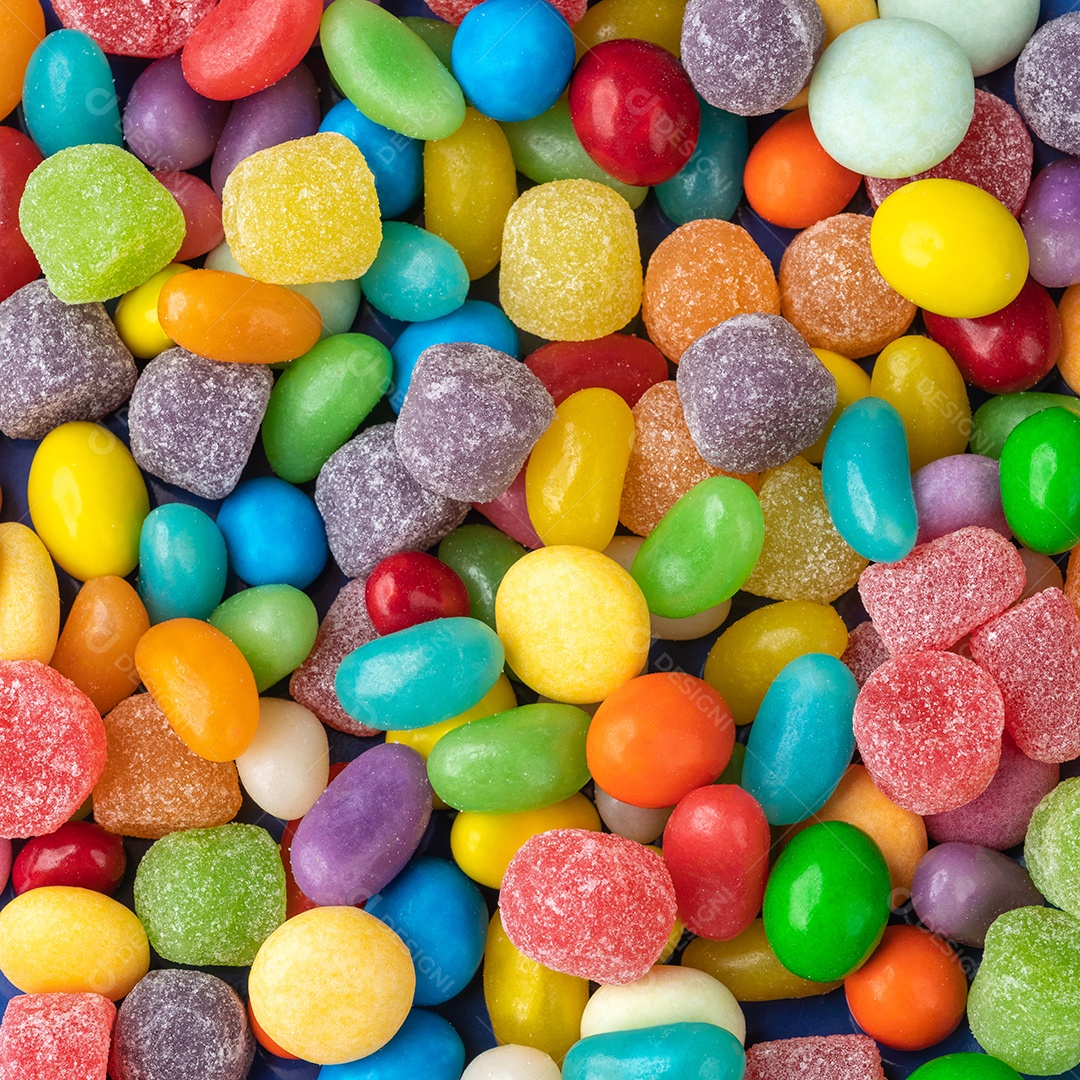 Vista superior de doces coloridos. Cenário de doces.