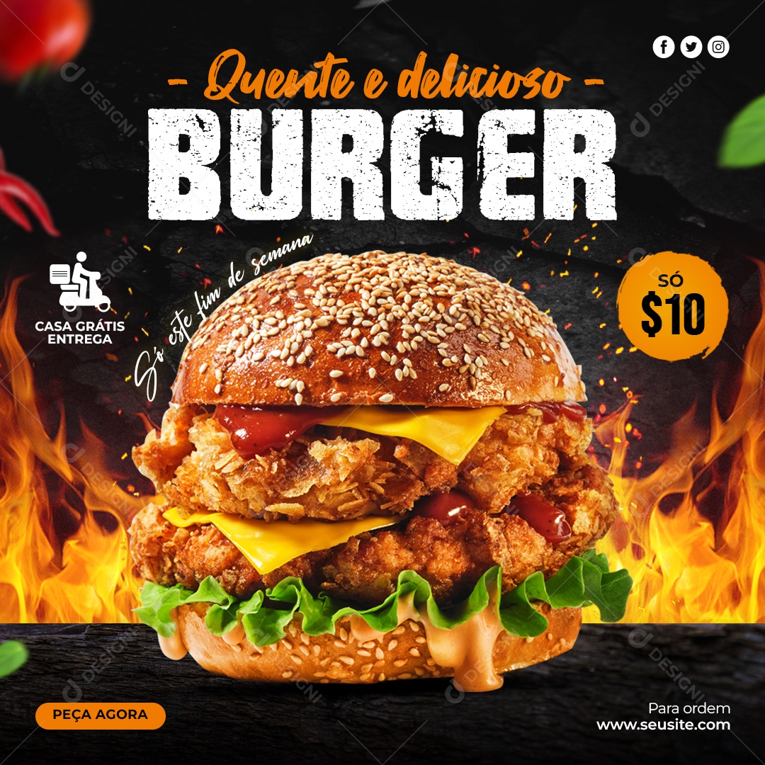Quente e Delicioso Burger na Cidade Hamburgueria Social Media PSD Editável