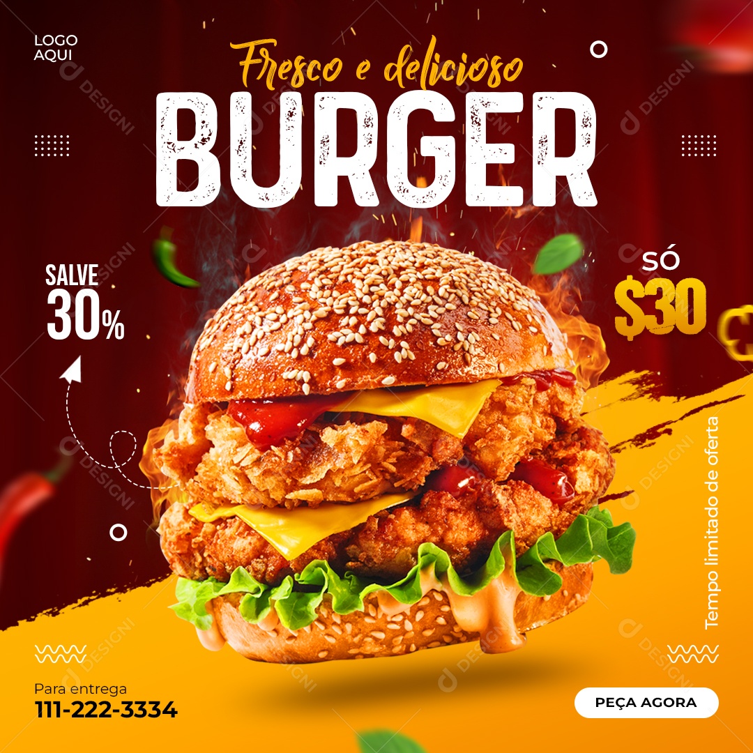 Fresco e Delicioso Burger Hamburgueria Social Media PSD Editável
