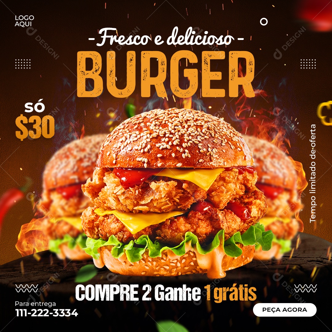 Fresco e Delicioso Burger Compre 2 Ganhe 1 Grátis Hamburgueria Social Media PSD Editável