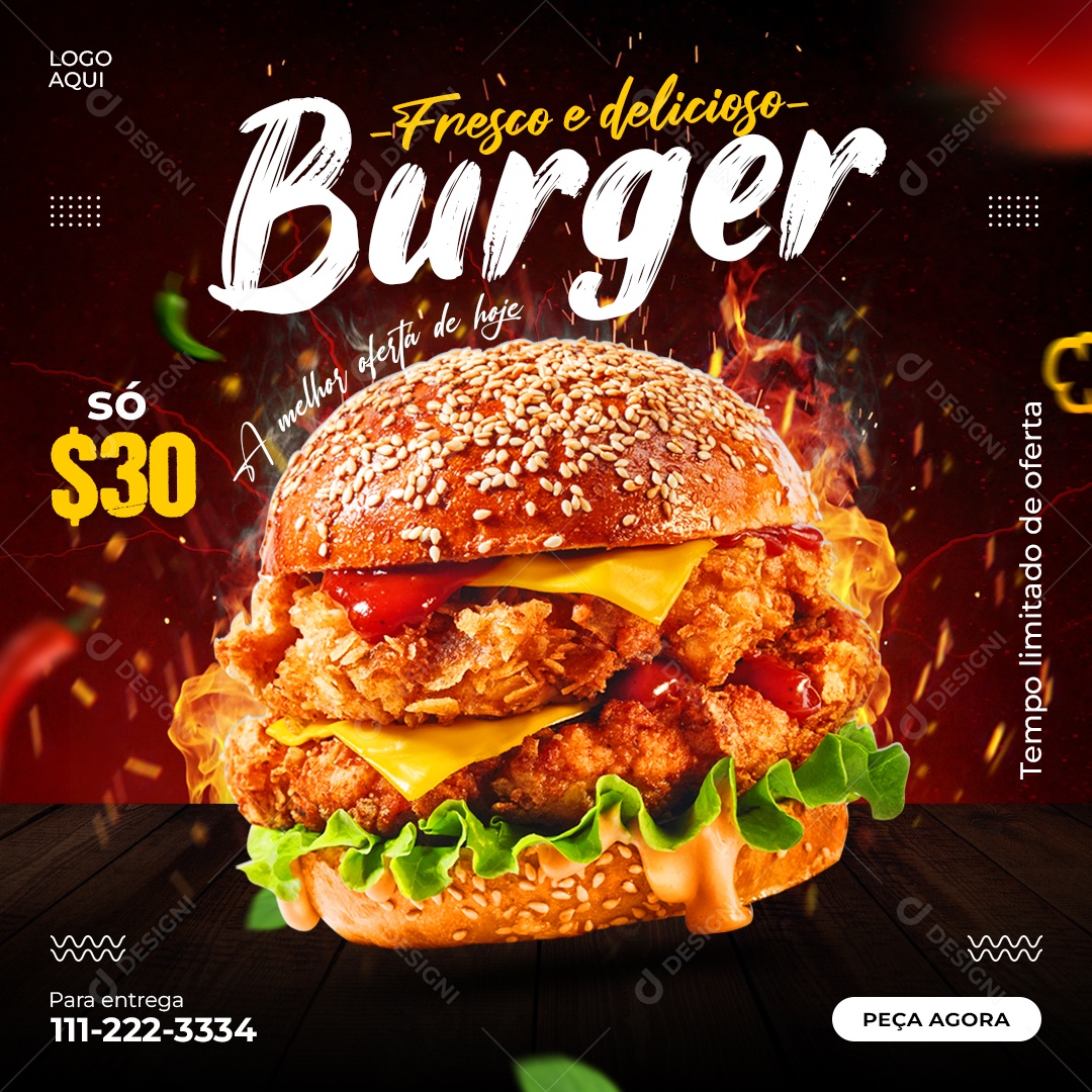 A Melhor Oferta de Hoje Fresco e Delicioso Burger Hamburgueria Social Media PSD Editável