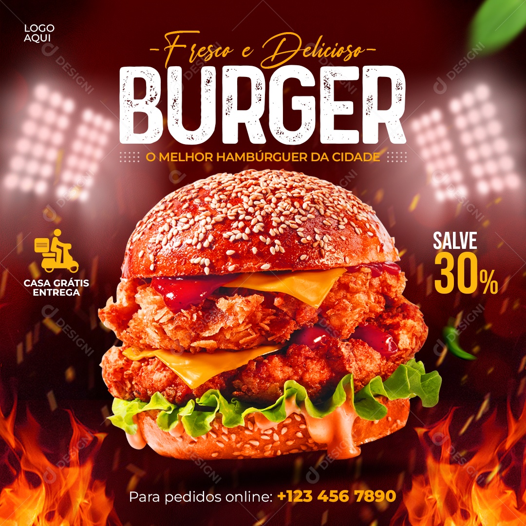 Fresco e Delicioso Burger Hamburgueria Social Media PSD Editável