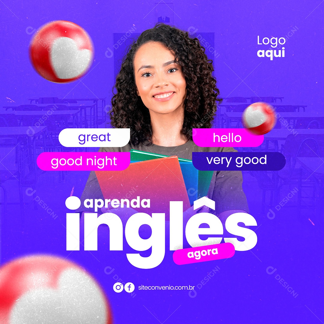 Aprenda Inglês Agora Escola de Idiomas Social Media PSD Editável