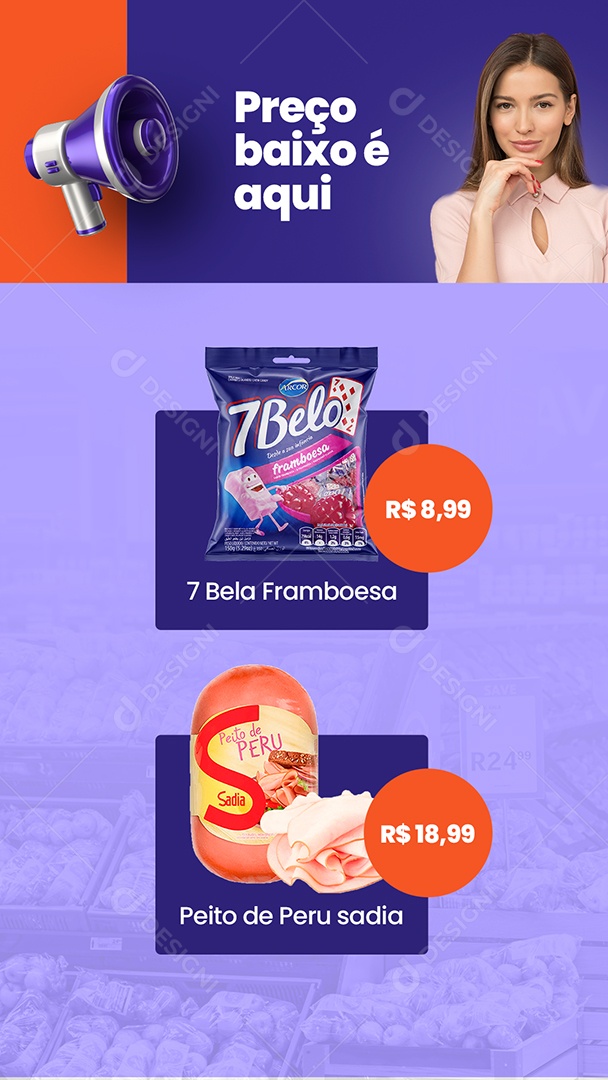 Story Encarte Preço Baixo é Aqui Supermercado Social Media PSD Editável