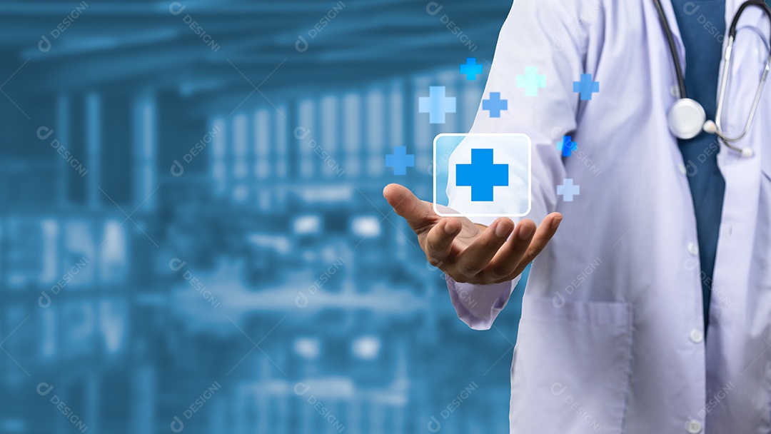 Médico ícone tela virtual cuidados de saúde e médicos no espaço de cópia de fundo.