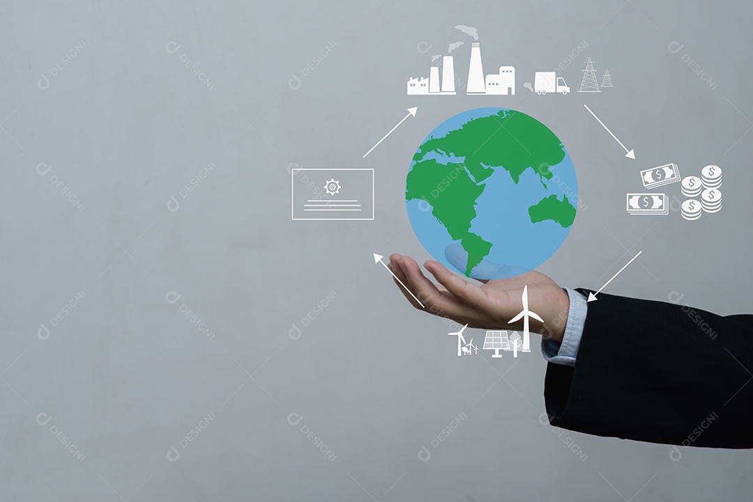 Reduza a emissão de CO2 Net zero e conceito de carbono na mão com ícones, aquecimento global para o desenvolvimento da eco economia.