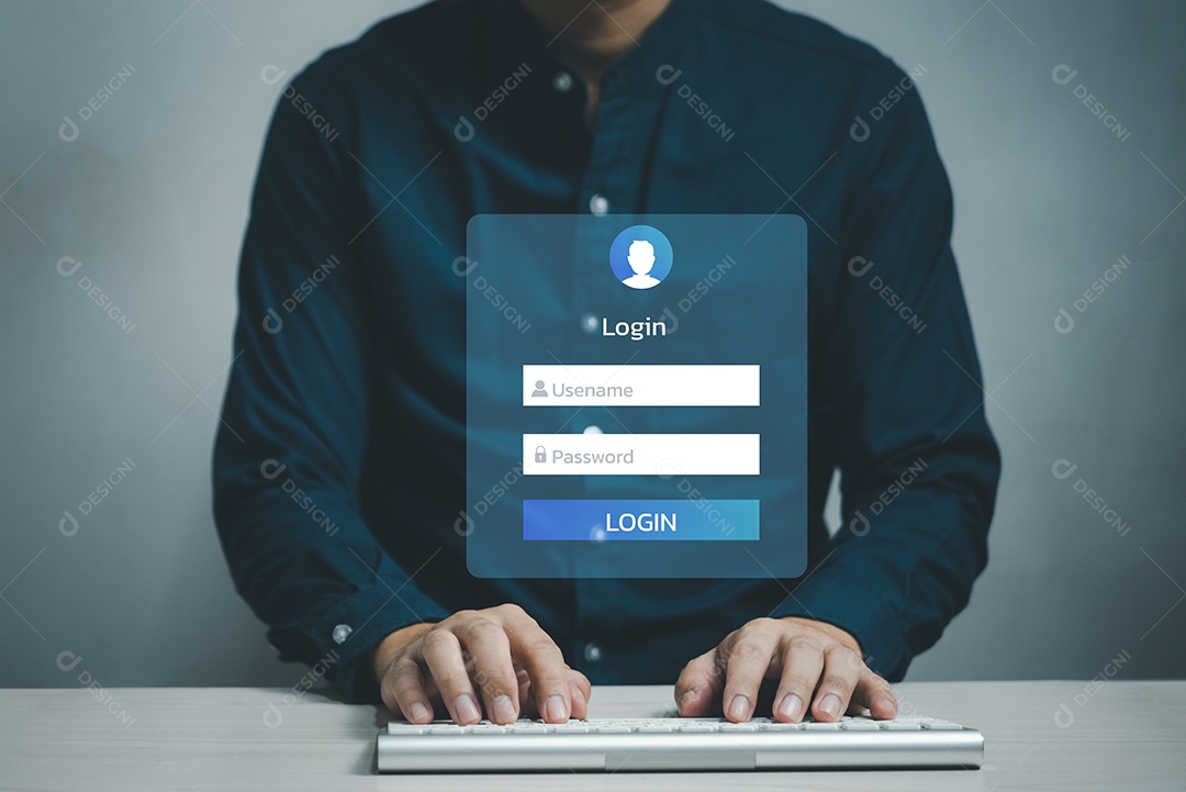 Homem usando a interface de login do teclado do computador na tela de toque. Entradas de nome de usuário e senha na conta digital virtual online.