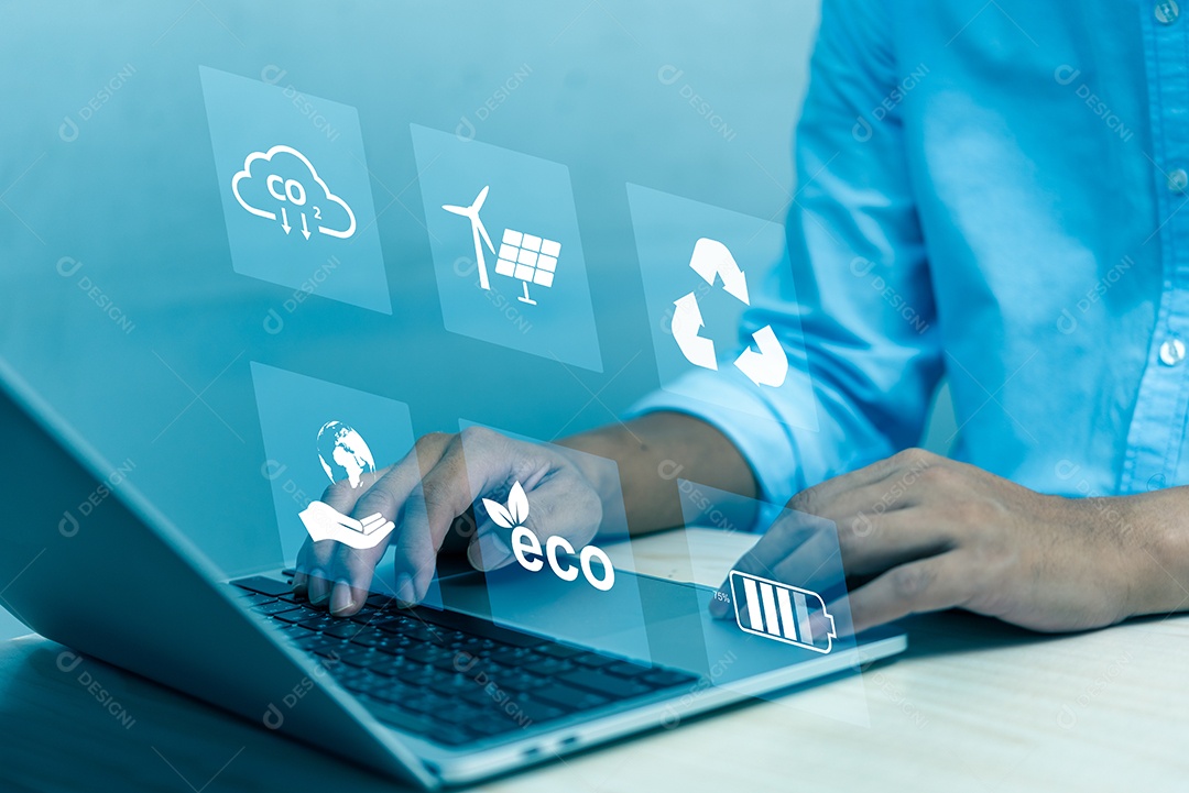 Negócios renováveis ​​globais ecologia co2 eco computador virtual terra energia tecnologia indústria mudança climática emissão sustentável.