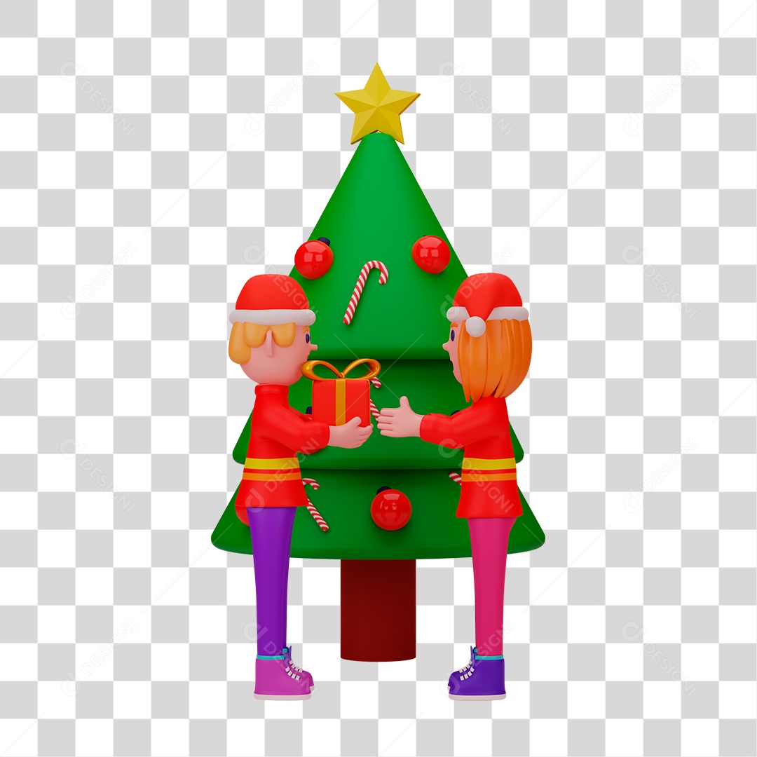 Elemento 3D de Duendes Segurando Presente Perto de Árvore de Natal PNG Transparente