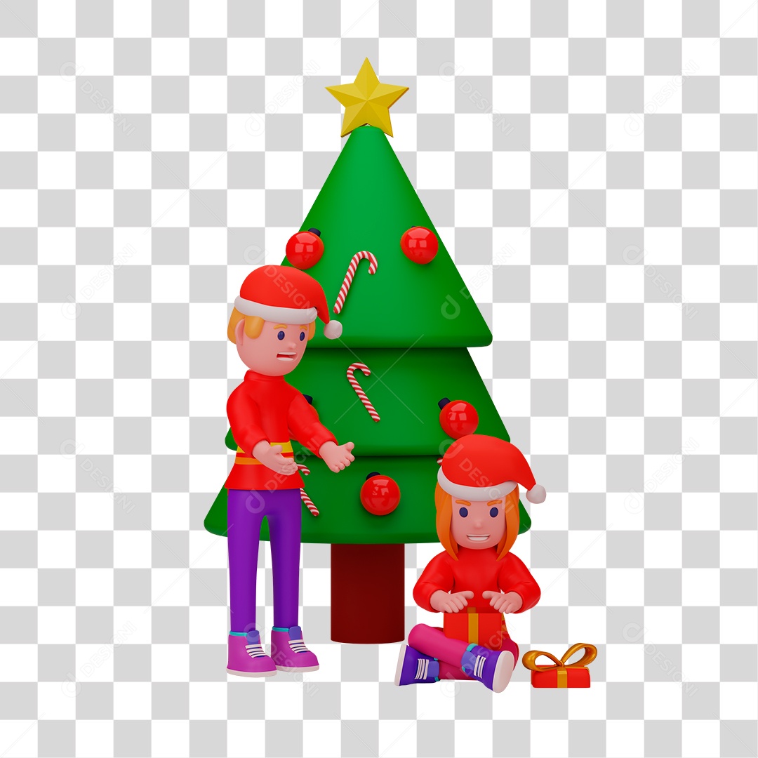 Elemento 3D de Duendes Perto de Árvore de Natal PNG Transparente