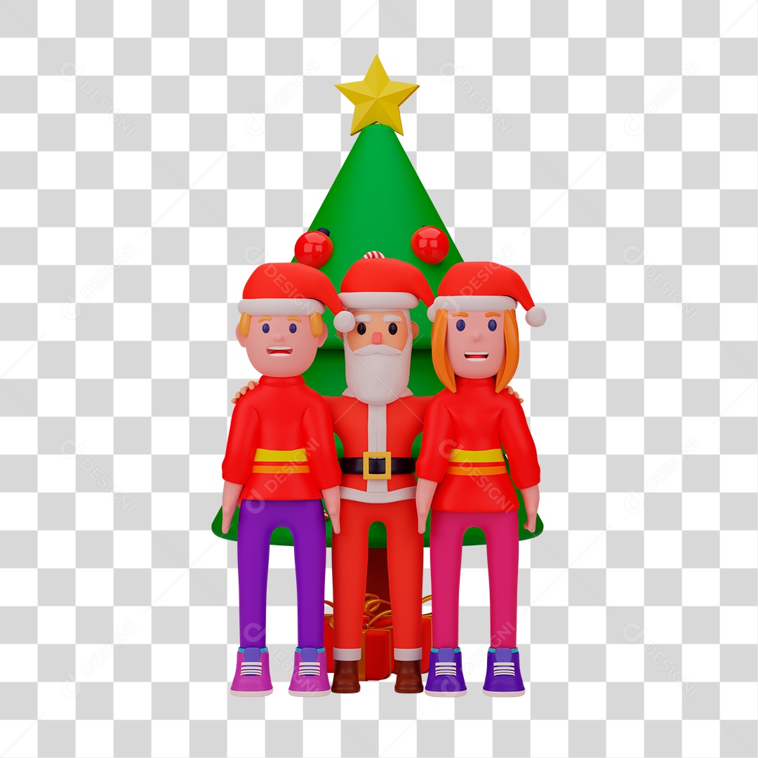 Elemento 3D de Papai Noel e Duendes Perto de Árvore de Natal PNG Transparente