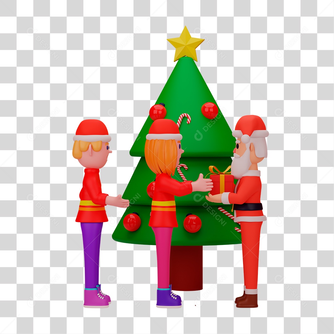 Elemento 3D de Papai Noel e Duendes Perto de Árvore de Natal PNG Transparente