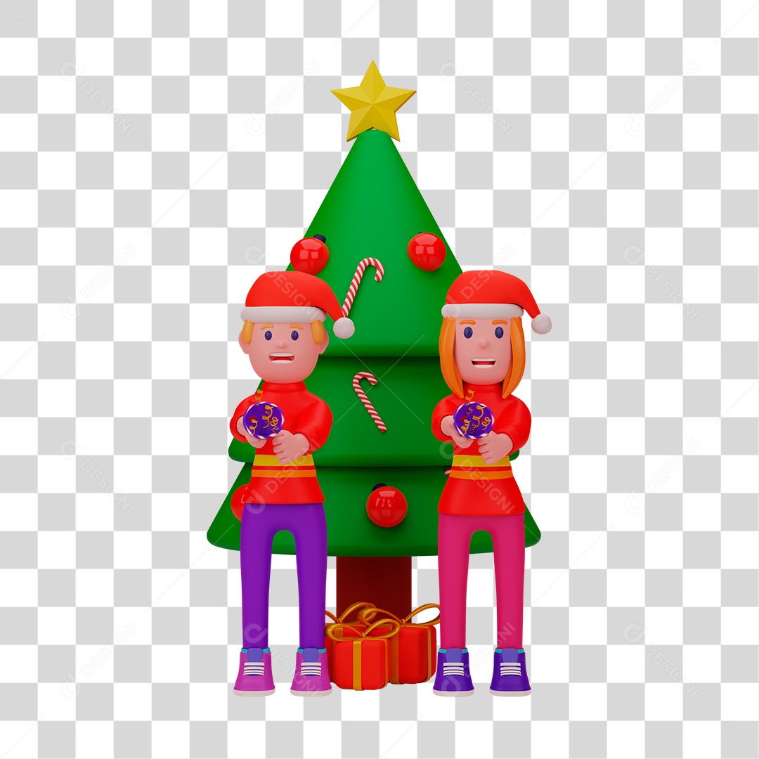 Elemento 3D de Duendes Perto de Árvore de Natal PNG Transparente