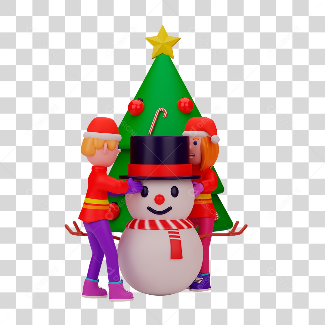 Elemento 3D de Duendes Perto de Árvore de Natal com Boneco de Neve PNG Transparente