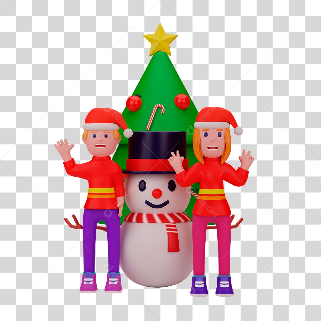 Elemento 3D de Duendes Perto de Árvore de Natal com Boneco de Neve PNG Transparente
