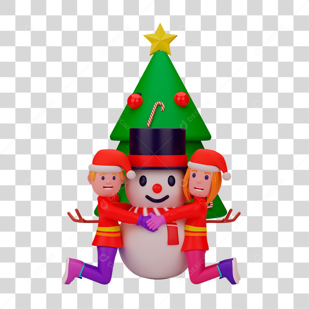 Elemento 3D de Duendes Perto de Árvore de Natal com Boneco de Neve PNG Transparente
