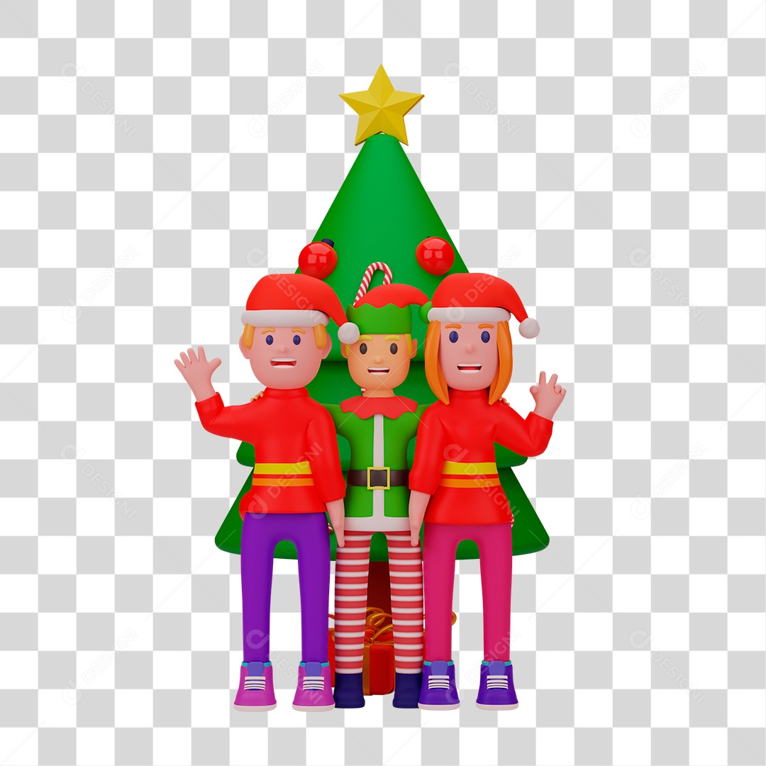 Elemento 3D de Papai Noel e Duendes Perto de Árvore de Natal PNG Transparente