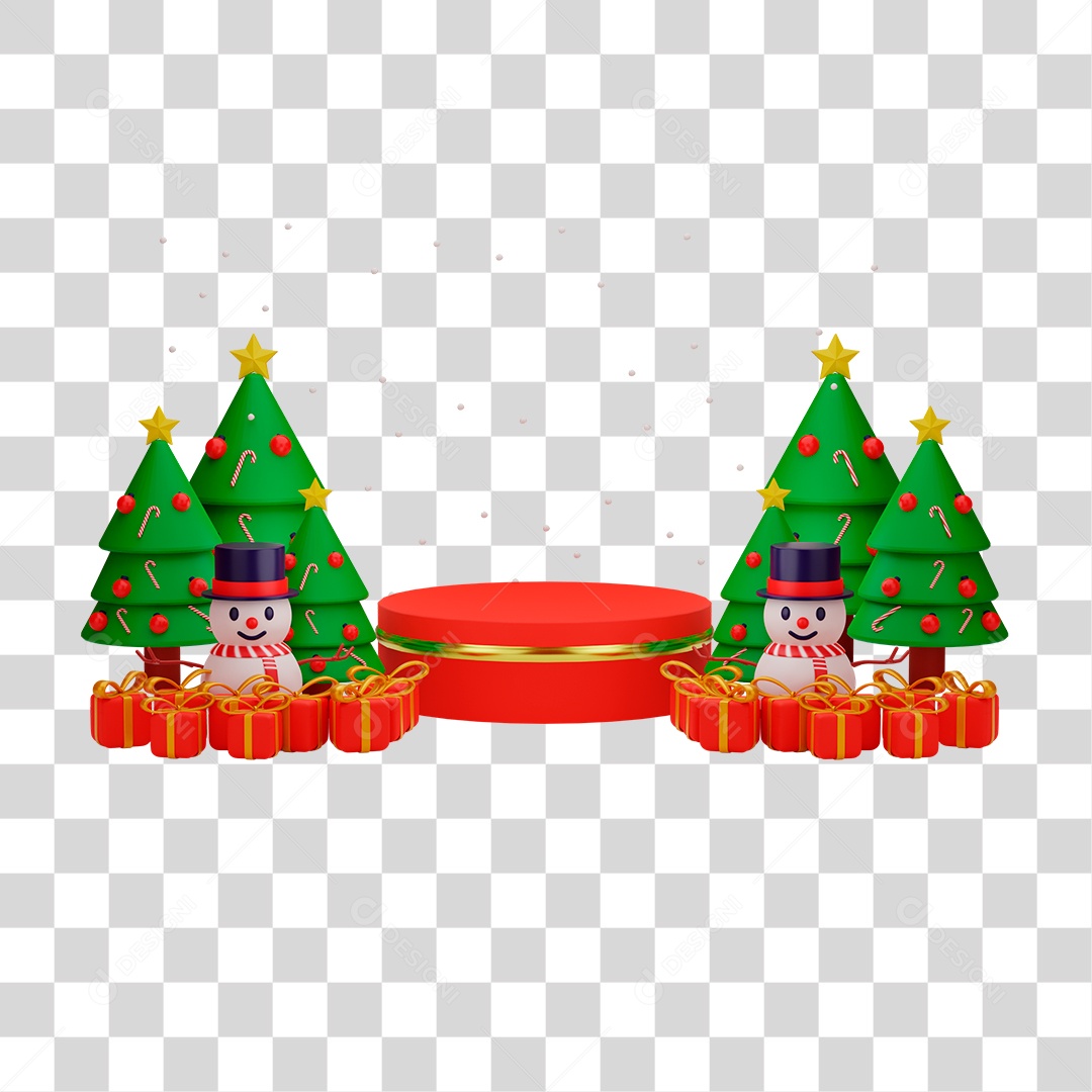 Elemento 3D de Árvore de Natal Presente Trenó e Pódio PNG Transparente