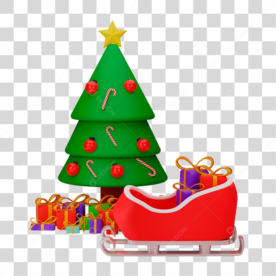 Elemento 3D de Árvore de Natal Presente e Trenó PNG Transparente