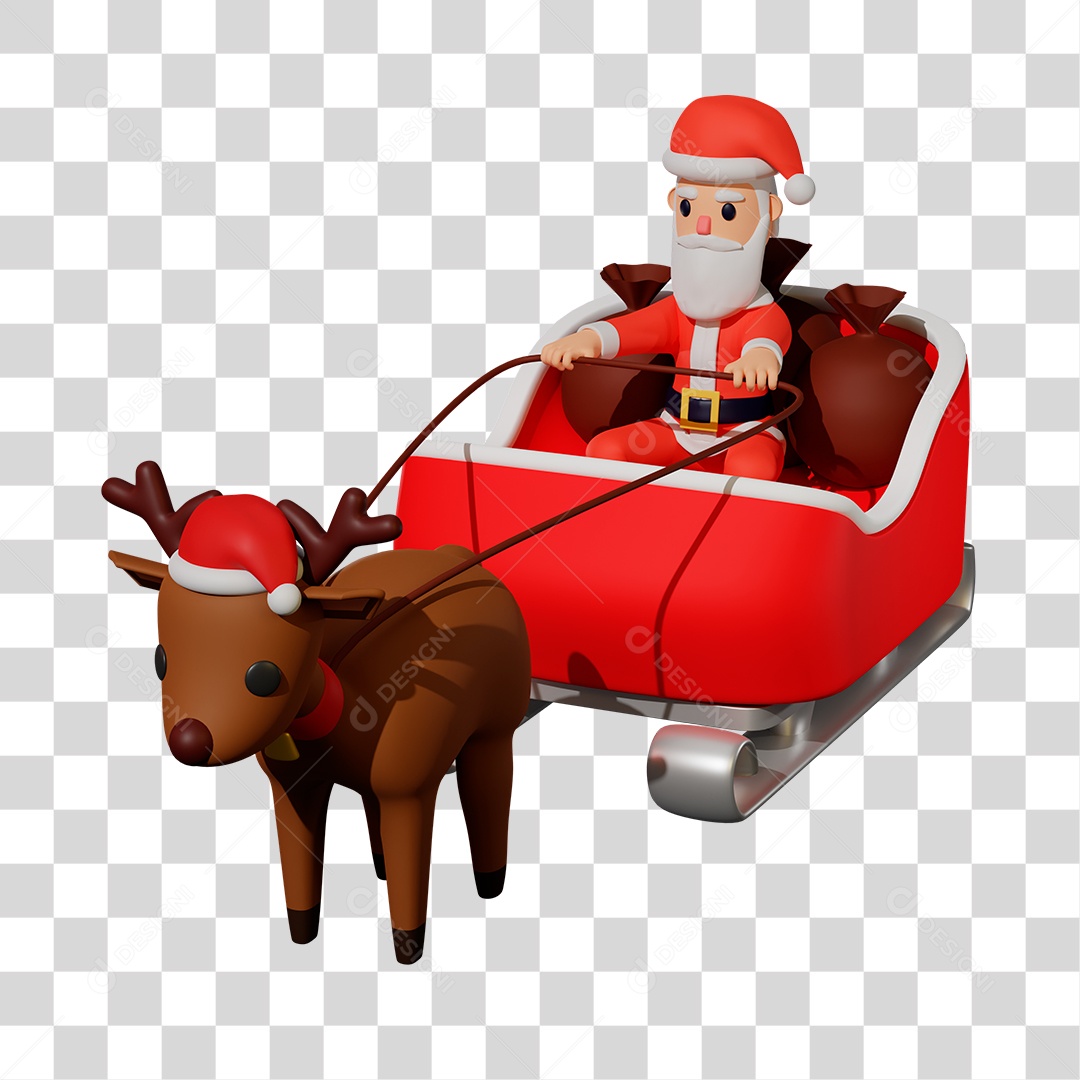 Elemento 3D do Papai Noel Andando de Trenó com Uma Rena PNG Transparente