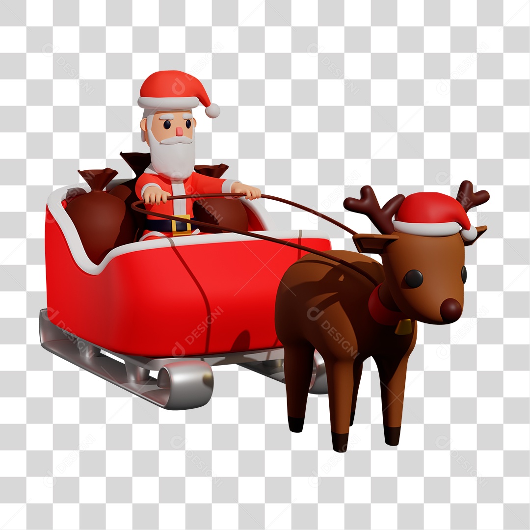 Elemento 3D do Papai Noel Andando de Trenó com Uma Rena PNG Transparente