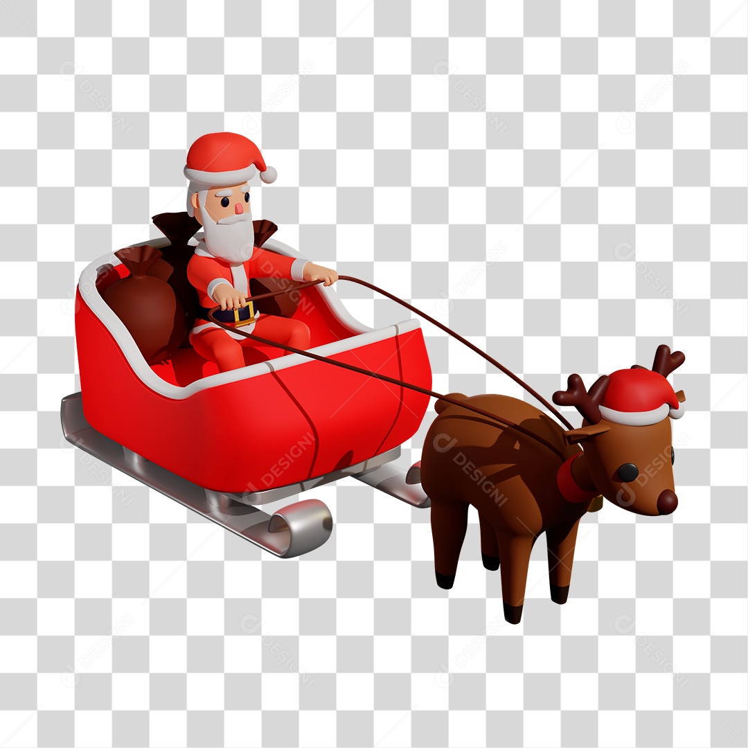 Elemento 3D do Papai Noel Andando de Trenó com Uma Rena PNG Transparente