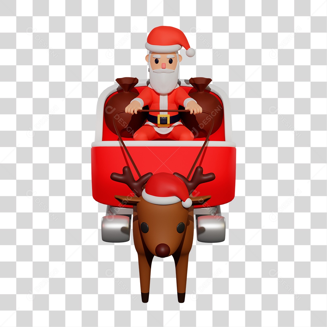 Elemento 3D do Papai Noel Andando de Trenó com Uma Rena PNG Transparente