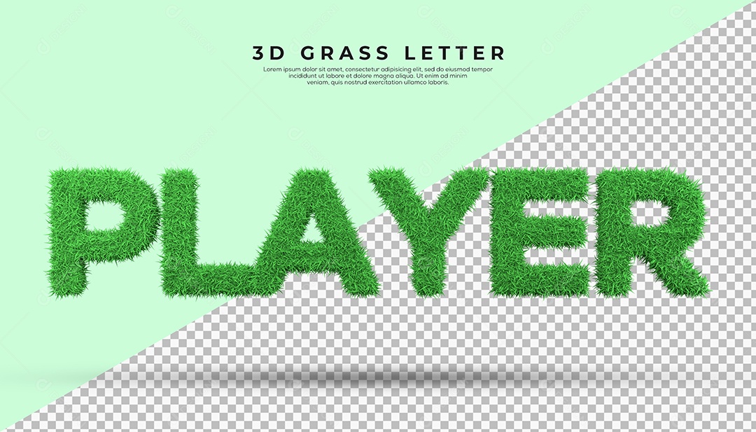 Player Texto 3D Verde Texturalizado com Grama para Composição PSD