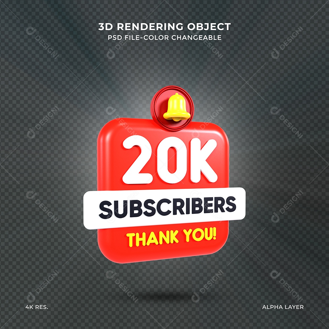 Ícone 3D 20K de Inscritos do Youtube Elemento para Composição PSD