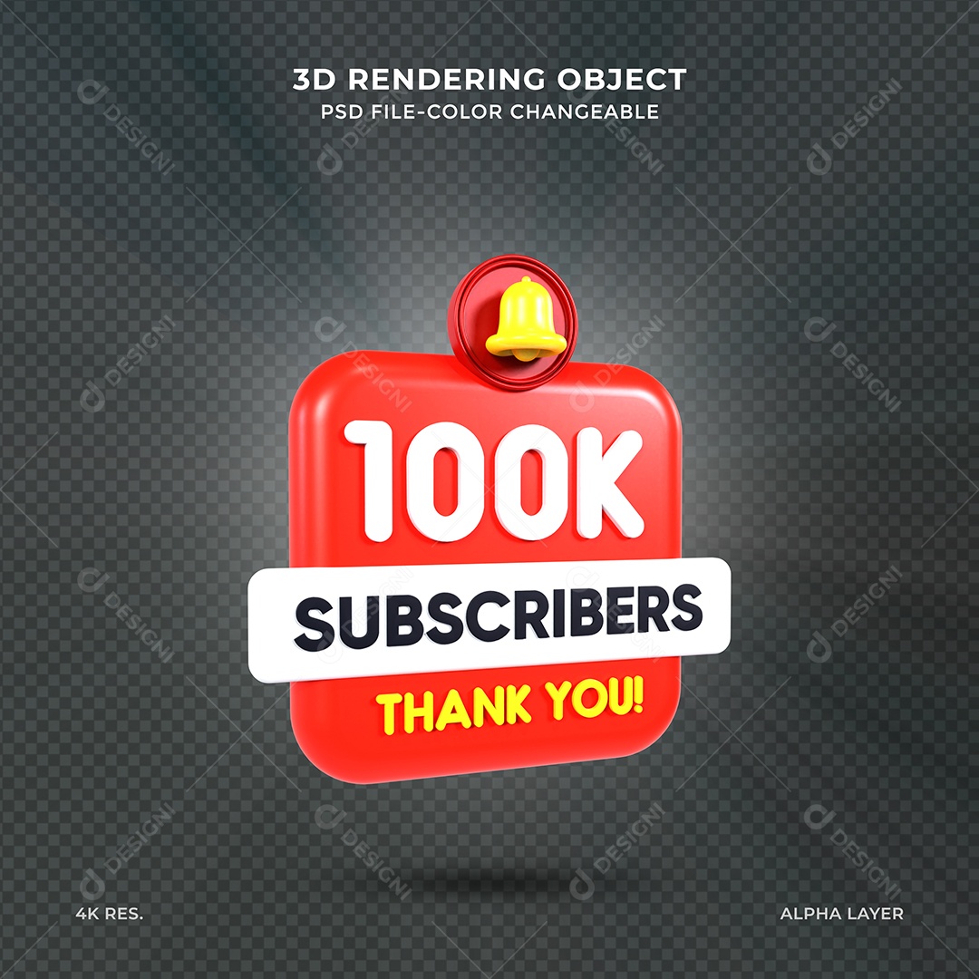 Ícone 3D 100K de Inscritos do Youtube Elemento para Composição PSD
