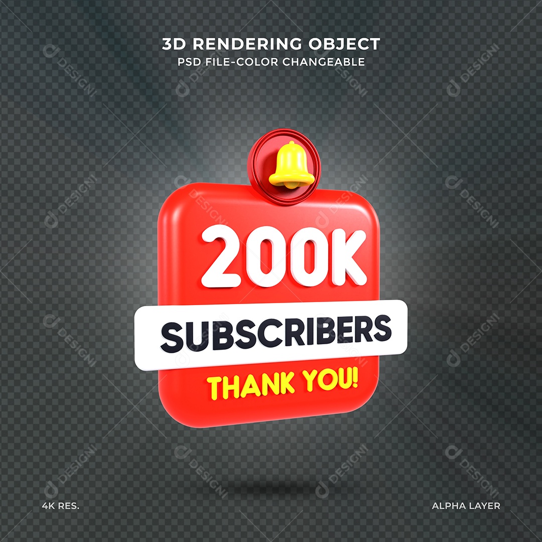 Ícone 3D 200K de Inscritos do Youtube Elemento para Composição PSD