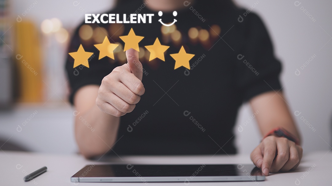 Customer hand with gold five star rating feedback icon