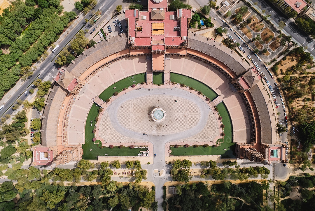 Vista aérea da Plaza de España. Praça Espanhola. Sevilha, Espanha. Parque Maria Luísa.