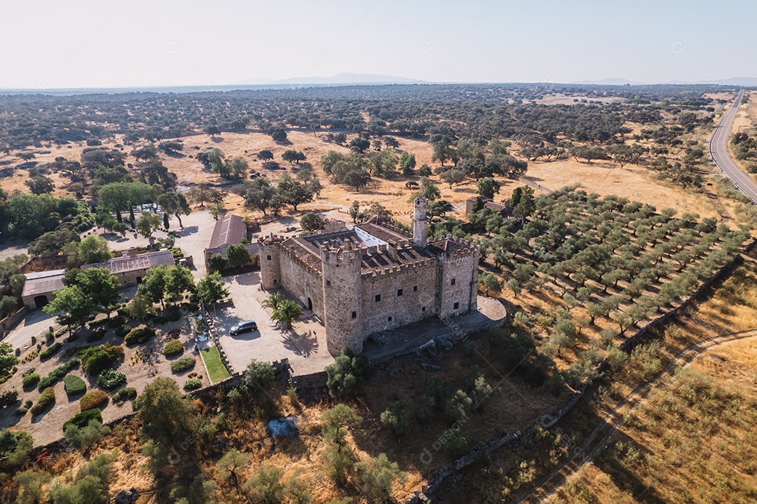 Vista aérea de um castelo medieval com ameias e abóbadas.