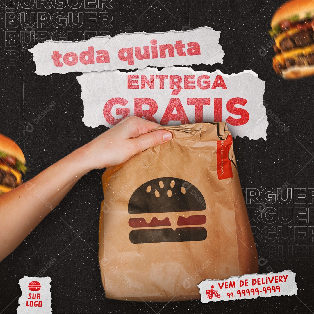 Toda Quinta Entrega Grátis Peça Seu Hamburger Social Media PSD Editável