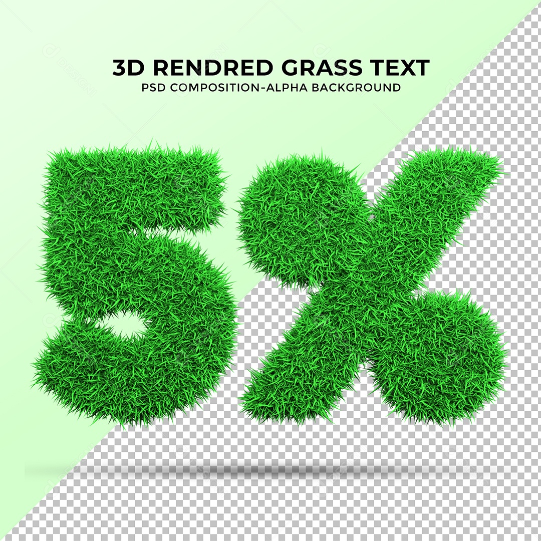 Número 3D 5% Verde com Textura de Grama Elemento para Composição PSD